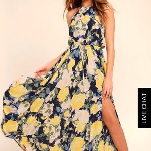 Navy Blue and Yellow Floral Print Maxi Dress